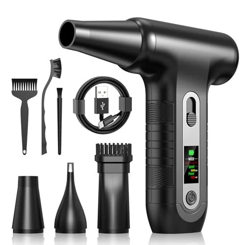 Soplador de Aire Potente con Pantalla Digital HD - Air Duster 200000 RPM con Luz LED, Batería 6000 mAh, Aire Comprimido Limpieza PC, Coche, Oficina, Sustituto de Spray Aire Comprimido, W06, Negro