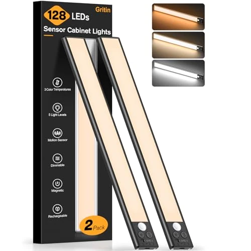 Offre limitée : Gritin Lampe de Placard LED 37.5CM Super Lumineuse Cuisine Reglette 4 Modes | Lumière LED Sans Fil Sous Meuble Rechargeable,3Couleurs&5 Luminosités,Détecteur de Mouvement,Lampe d'Armoire-2 Pcs,Noir de 33.99 € à 27.68 € (19% de remise)