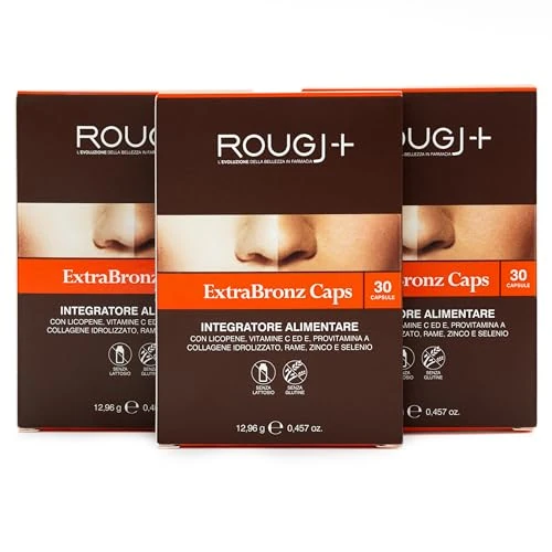 Rougj Capsules bétacarotène pour bronzage fort - Compléments pour bronzage avec vitamine A - Complément bronzage 90 Capsules, une par jour ExtraBronz Caps - Fabriqué en Italie