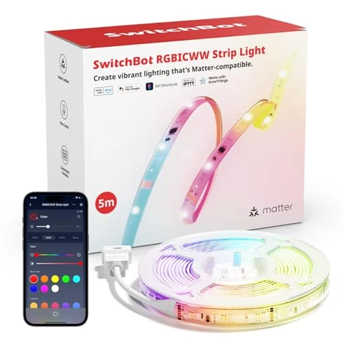 SwitchBot RGBICWW LED Strip 5M, 72LEDs/m Matter LED Streifen Kompatibel mit Apple Home, Alexa, Google Home, 16 Millionen Farben, Musik-Sync, Indirekte Beleuchtung, LED Leiste für Schlafzimmer, TV