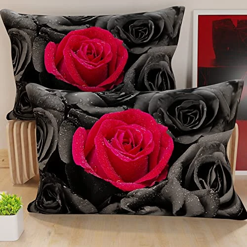 PETTI Artigiani Italiani - Pair of Pillow Cases 40 x 145 cm in Microfibre, Pillows for Bedroom Furniture, Sofa, Living Room, Set of 2 Cushion Covers, Black Roses Pillowcase, 100% Made in Italy