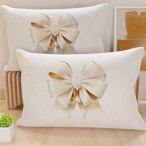 PETTI Artigiani Italiani - 1 paar kussenslopen 40 x 145 cm van microvezel, decoratief kussen voor slaapkamer, bank, woonkamer, set van 2 kussenslopen, beige strik, 100% Made in Italy