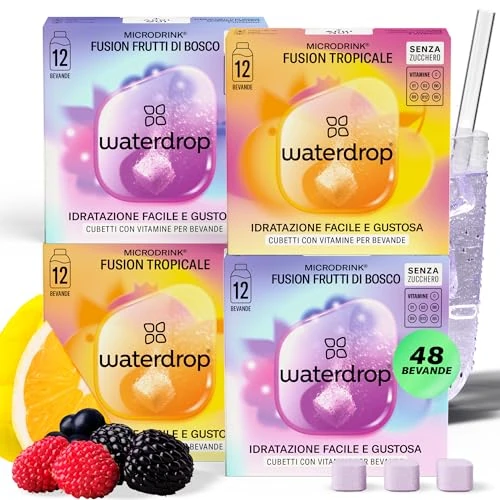 waterdrop® Microdrink Coffret Fusion de Fruits - 48 Pastilles d’Hydratation, Cubes de Boisson aux 2 Saveurs: Fusion Tropicale & Fusion Fruits Rouges, Eau Aromatisée Sans Sucre avec Vitamine C & B
