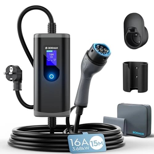 bokman Electric Car Charger [3.68 KW, 16A, 15 M] Adjustable Current 6-8-10-13-16A with Screen Charging Cable Type 2, Compatible with E-208, Zoe, Spring, 500e, Model 3&Y and Other BEV/PHEVs