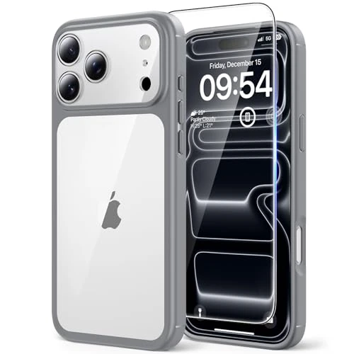 TAURI Cover per iPhone 17 Pro con Pellicola in Vetro Temperato,Protezione Completa della Fotocamera,Trasparente Custodia per Sottile Anticaduta - Grigio