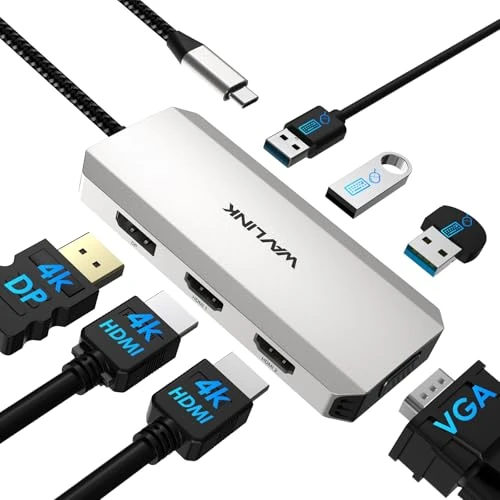 WAVLINK USB-C docking station voor vier monitoren, HDMI dockingstation met twee HDMI, DP, VGA en USB2.0-poorten voor Lenovo, HP, Dell, Windows systeemcomputer