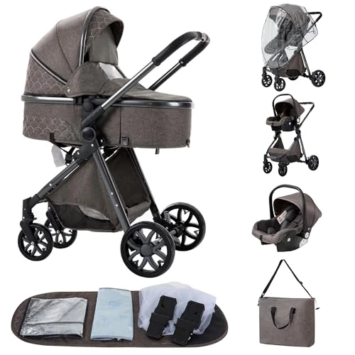 Offerta a tempo: ALYIKOU trio passeggino neonati in offerta fino 25 kg,Carrozzina reversibile fronte mamma e strada, Pieghevole，Con borsa mamma, portabicchieri, copertura antipioggia - 5% da 158.99 € a 151.52 €