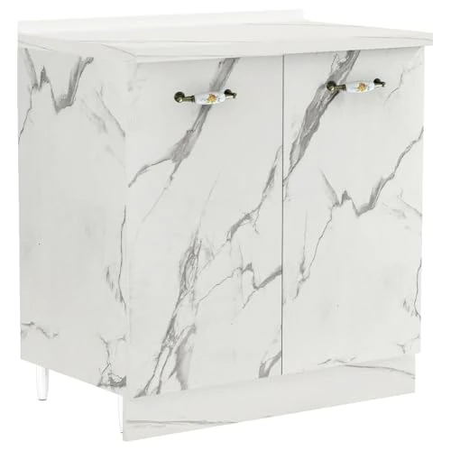 Shally Dogan Kitchen Cabinet with Two Doors and Two Compartments, Cabinet with Sturdy and Durable Wood Frame, White Marble Effect, Modular Furniture Dimensions 80 x 50 x 85H cm (Double Door)
