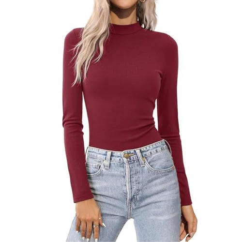 Aottori Women's Sweater with High Neck Ribbed Cotton Tshirt Long Sleeves Slim Fit Plush Inner Thermal Top Basic White Spring Autumn Winter S-XXL, bordeaux, M