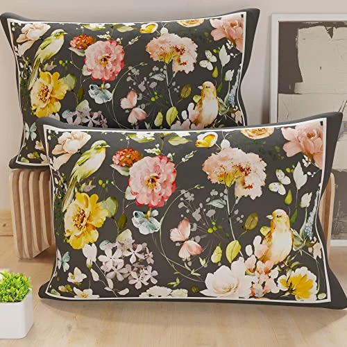 Offerta a tempo: PETTI Artigiani Italiani - Coppia di Federe Cuscino 80x40 cm in Microfibra, Cuscini Arredo Camera da Letto, Divano, Salotto, Set 2 Fodere Copricuscino, Federa Floreale Nero, 100% Made in Italy - 0.00% da 14.90 € a 14.90 €
