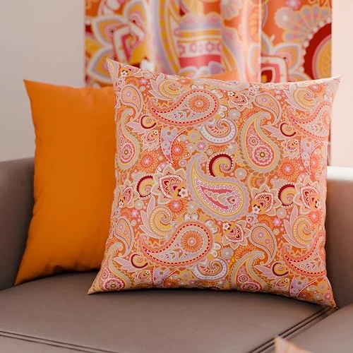 PETTI Artigiani Italiani - Pair of Pillow Cases 35 x 35 cm in Microfibre, Cushions for Bedroom Furniture, Sofa, Living Room, Set of 2 Cushion Covers, Paisley Orange Pillowcase, 100% Made in Italy