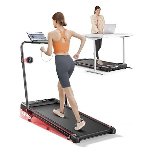 4 en 1 Cinta de Correr Plegable con Inclinación de 9%, TOPUTURE 2.5HP Walkingpad para Debajo del Escritorio, 12KM/H, para Hogar/Oficina, Pantalla LED Doble, App y Control Remoto Magnético Mute