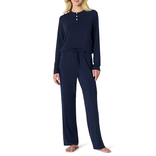 Amazon Essentials x Sofia Grainge Women's Long Sleeve Henley Pyjama Set, Navy, XS