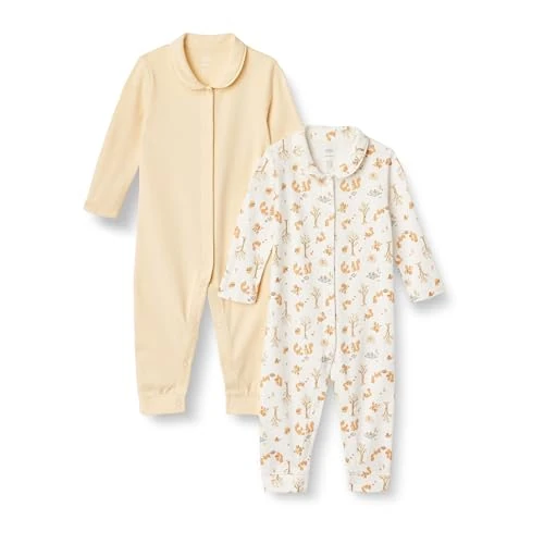 Amazon Essentials x Sofia Grainge Unisex Baby Fußloser Schlafanzug, 2er-Pack, Blassgelb/Eichhörnchen-Picknick, Frühchen