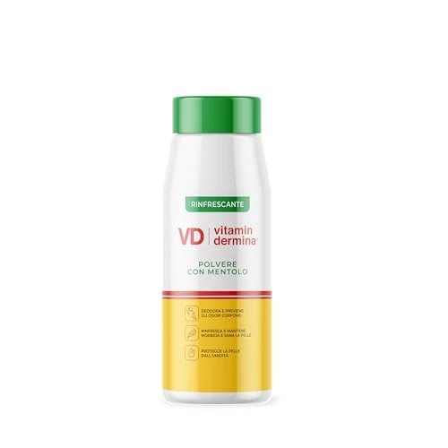 Offerta a tempo: VITAMINDERMINA Polvere con Mentolo Rinfrescante 100 g – Deodorante e Rinfrescante – Con Ossido di Zinco e Amido di Mais – Rinfresca, Deodora e Protegge la pelle dall’umidità - 44% da 11.50 € a 6.47 €