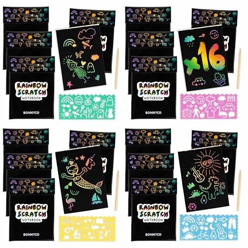Limited offer: BONNYCO Rainbow Scratch Art for Kids, 16 Sets with Notebook, Stencil and Wooden Stylus. Party Bag Fillers for Kids, Classroom Prizes and Favours. End of Term Gifts Ages 3 to 12 from 15.99 EUR to 15.99 EUR (save 0%)