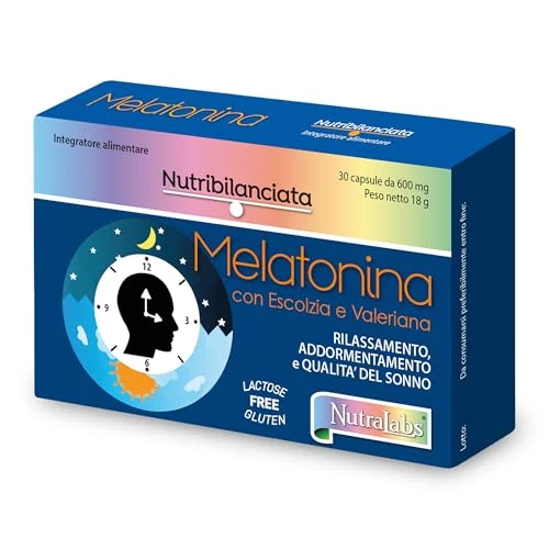 NutraLabs Melatonina Nutribilanciata, 30 Capsule Vegetali – 1 mg di Melatonina con Estratti Titolati di Valeriana & Escolzia per Sonno Ristoratore e Rilassamento