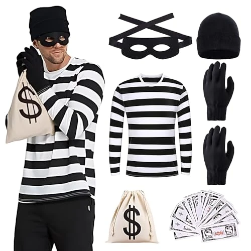 XPJBKC Costume da Ladro Uomo, Set di Costume Carnevale Ladro con Maglietta, Cappello, Guanti, Maschera, Portafoglio, Banconote, Costumi Carnevale uomo per Fancy Dress, Halloween Cosplay