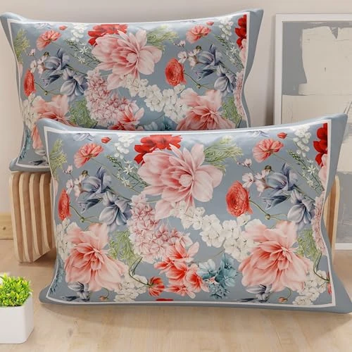 PETTI Artigiani Italiani - Lot de 2 Taies d'Oreillers 80x40 cm 100% Microfibre Hypoallergénique, Housse Oreiller Rectangulaire Motif Floral Bleu, Paquet de 2, Fabriqué en Italie