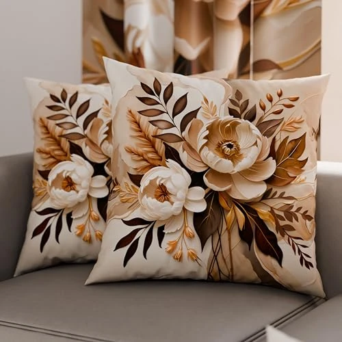 PETTI Artigiani Italiani - 1 paar kussenslopen 35 x 35 cm van microvezel, decoratief kussen voor slaapkamer, bank, woonkamer, set van 2 kussenslopen, bloemenpatroon, taupe, 100% Made in Italy