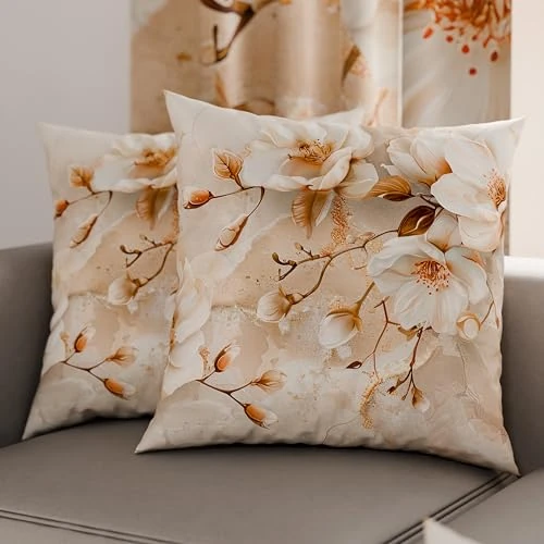 PETTI Artigiani Italiani - Lot de 2 Taies d'Oreillers 30x30 cm 100% Microfibre Hypoallergénique, Housse Oreiller Rectangulaire Motif Floral Beige, Paquet de 2, Fabriqué en Italie