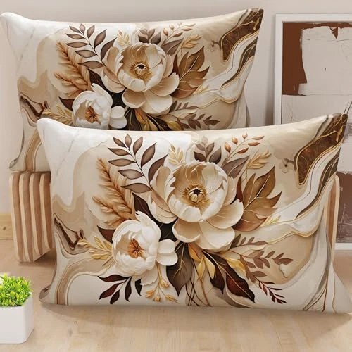 PETTI Artigiani Italiani - Para poszewek na poduszki 60 x 40 cm z mikrofibry, poduszka do sypialni, na sofę, do salonu, 2 poszewki na poduszki, poszewka na poduszkę w kwiaty taupe, 100% wyprodukowano