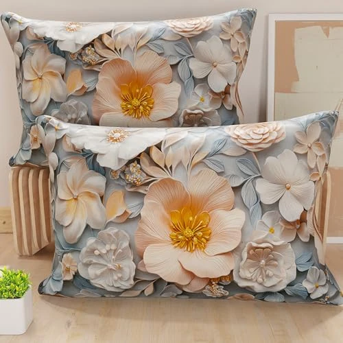 PETTI Artigiani Italiani - Lot de 2 Taies d'Oreillers 145x40 cm 100% Microfibre Hypoallergénique, Housse Oreiller Rectangulaire Motif Floral 05 20, Paquet de 2, Fabriqué en Italie