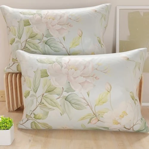 PETTI Artigiani Italiani - Lot de 2 Taies d'Oreillers 145x40 cm 100% Microfibre Hypoallergénique, Housse Oreiller Rectangulaire Motif Floral Vert, Paquet de 2, Fabriqué en Italie