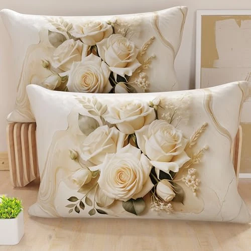 Offre limitée : PETTI Artigiani Italiani - Lot de 2 Taies d'Oreillers 145x40 cm 100% Microfibre Hypoallergénique, Housse Oreiller Rectangulaire Motif Floral Crème, Paquet de 2, Fabriqué en Italie de 15.65 € à 15.65 € (0.00% de remise)