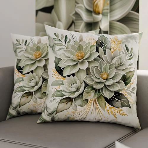 PETTI Italian Artisans - Pair of 65x65 cm Microfiber Cushion Covers, Decorative Pillows for Bedroom, Sofa, Living Room, Set of 2 Cushion Covers, Sage Floral Pillow Case, 100% Made in Italy