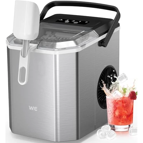 WIE Máquina de Hielo, 1.5L Autolimpiable Máquina para Hacer Hielo, 2 Tamaños de Hielo, 9 Cubitos Listos en 6 Minutos, con Asa, pala y Cesta para Hielo, Ideal para Cocina/Oficina/Bar, Acero Inoxidable