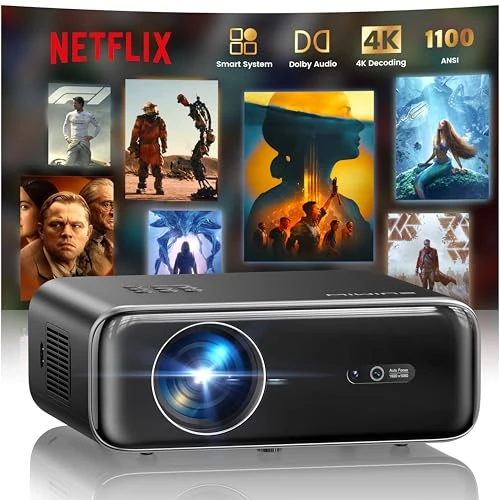 WiMiUS Beamer [Netflix Offiziell/Dolby/Autofokus] Smart Projektor 4K Unterstützung, WiFi Bluetooth Videoprojektor Full HD 1080P nativ tragbar mit Auto Keystone / Zoom 50% / HDMI ARC / CEC für Heimkino