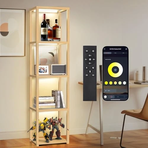 Zeitlich begrenztes Angebot: OUTON 170 cm Glasvitrine mit Beleuchtung, Dimmbarer LED-Stehlampe mit Fernbedienung und App-Steuerung, Offenes Bücherregal für Sammlerstücke, Wohnzimmer, Schlafzimmer, Holz von 46.39 € auf 44.07 € (5% Rabatt)