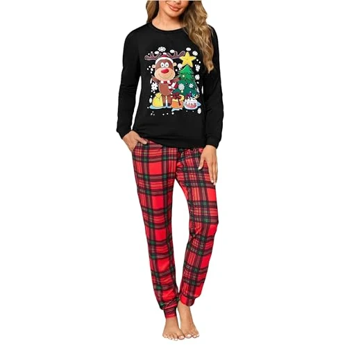 Marvmys Schlafanzug Damen Lang Pyjama Set Baumwolle Zweiteiliger Nachtwäsche Winter Sleepwear mit Weihnachtsdruck und Karierter Pyjamahose