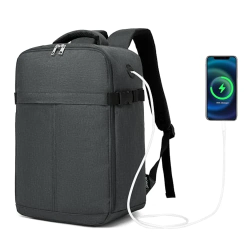 Kono Reisrugzak met vliegtuigcabine, 40 x 17 x 25 cm, voor Ryanair, waterdicht, met USB-aansluiting, diefstalbeveiliging, kofferriem, voor werk en universiteit, voor dames en heren, Donkergrijs