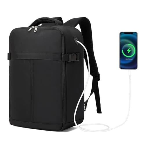 Kono Bagage Cabine 40x25x17 cm, Sac à Dos Cabine Avion avec Port USB, Imperméable, Compatible Ryanair EasyJet, Bagage à Main Sous-Siège avec Sangle Trolley, pour Voyage Travail - Noir
