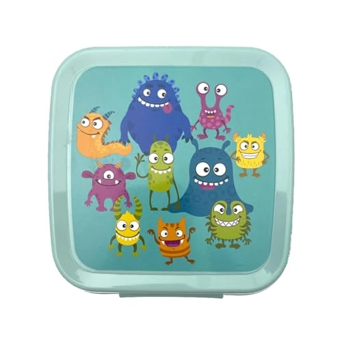 Offerta a tempo: Fackelmann Lunch Box Quadrato "Mostrini" 1.43L 13,5x12,5x8,5 cm - Portapranzo Bambini con Clip - per Scuola, Asilo, Pic-nic - Contenitore merenda e spuntini, Lavare a Mano, Linea Mini Cooking - 38% da 5.99 € a 3.70 €