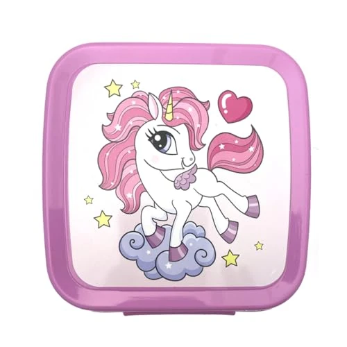 Offerta a tempo: Fackelmann Lunch Box Quadrato "Unicorni" 1.43L, 13,5x12,5x8,5 cm - Portamerenda Bambini in PP con Clip - Ideale Scuola, Gite -Contenitore merenda, Lavaggio a Mano, Linea Mini Cooking - 5% da 5.99 € a 5.69 €