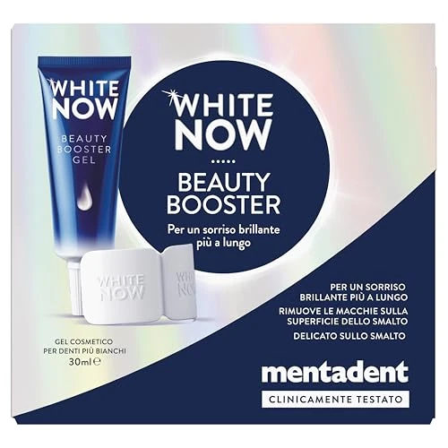 Mentadent White Now Beauty Booster, Formato 30 ml, Kit Gel Cosmetico Sbiancante Denti con Ossigeno Attivo, Rimuove Macchie dalla Superficie dello Smalto, Uso Quotidiano per un Sorriso più Luminoso