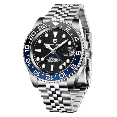 Pagani Design GMT męski zegarek 40 mm, automatyczny mechanizm NH34, ceramiczna ramka podwójna strefa czasowa, wyświetlacz daty, wodoodporny do 100 m, biznesowy zegarek sportowy, prezent dla mężczyzn