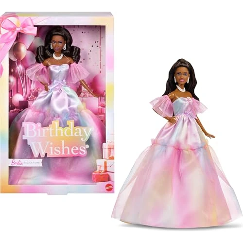 Offerta a tempo: Barbie Signature - Birthday Wishes, bambola da collezione dai capelli neri con abito effetto arcobaleno pastello, piedistallo e confezione regalo inclusi, 6+ anni, JJX80 - 15% da 44.99 € a 38.24 €