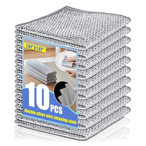 Weishuo 10 Pack 20x20cm Double-Layer Silver Mesh Dishcloths, Non-Scratch Wire Cleaning Cloth, Reusable Stainless Steel Cloth for Wet & Dry Kitchen Use (Dishes/Pots/Sinks)