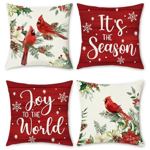 Oferta limitada: Bonhause Fundas Cojines Navidad 45 x 45 cm Funda de Almohada Pájaro Cardenal Pino Hojas Copos Cojines Decorativos para Sofá Cama Hogar Exterior Juego de 4 de 7.99 EUR a 7.99 EUR (ahorro 0%)