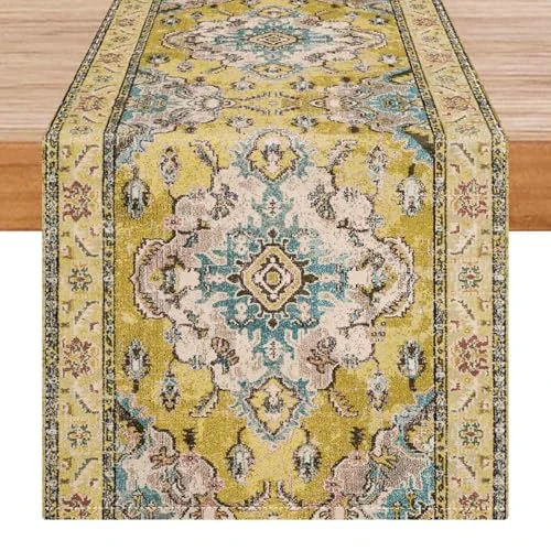 Avalune Bohemian Bieżnik Żółty Jesień Etniczna Dekoracja Stołu Nowoczesny Rustykalny Prostokątny Zmywalny Obrus Farma Obrus na Kuchnię Impreza Ogród Jadalnia 40x140 cm