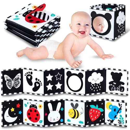 Offerta a tempo: WELLODE Libro Sensoriale Neonati con Specchio Teddy - Libro Bianco e Nero Neonati in Stoffa, Montessori - Ultra Morbido, Sicuro e Lavabile, Ideale per Sviluppo Visivo e Tummy Time (0-12 Mesi) - 23% da 12.99 € a 9.99 €