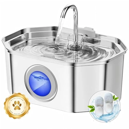 Offerta a tempo: Fontanella per gatti,Apauk 3.2L fontanella per gatti acciaio Inox, Ultra silenziosa,con finestra LED, sistema di filtraggio multistrato (con 2 filtri & 2 spugne S) - 36% da 32.99 € a 21.23 €