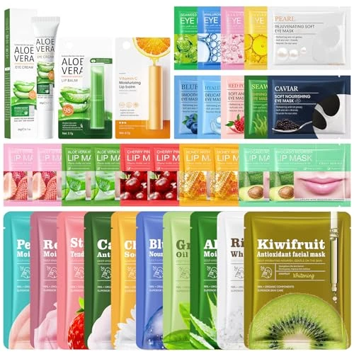 33 masques faciaux en tissu pour tous types de peau, masques hydratants et apaisants, patchs pour les yeux, masques pour les lèvres, baume à lèvres, crème pour les yeux, coffret cadeau pour femmes