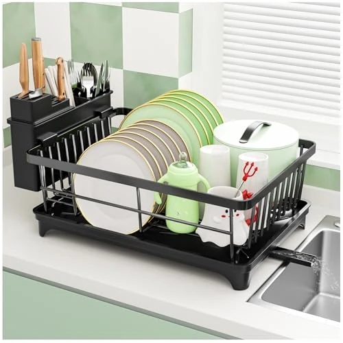 PurKeep Ociekacz do naczyń - oszczędzający miejsce ociekacz do naczyń z uchwytem na przybory do blatu kuchennego, czarny