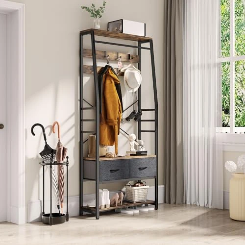 Offerta a tempo: YITAHOME Appendiabiti, Attaccapanni da Ingresso 6 in 1 con 2 Cassetti, Porta Abiti da Terra con Vano Portascarpe, Asta Appendiabiti in legno e Metallo, per Soggiorno Ingresso, Marrone Vintage - 28% da 99.99 € a 71.84 €