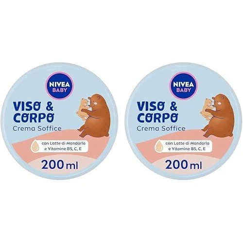 NIVEA BABY Viso & Corpo Crema Soffice 200ml, Crema corpo bambini idratante e nutriente, Crema viso neonato con Latte di Mandorla e Vitamine, Crema corpo neonato contro disidratazione e secchezza